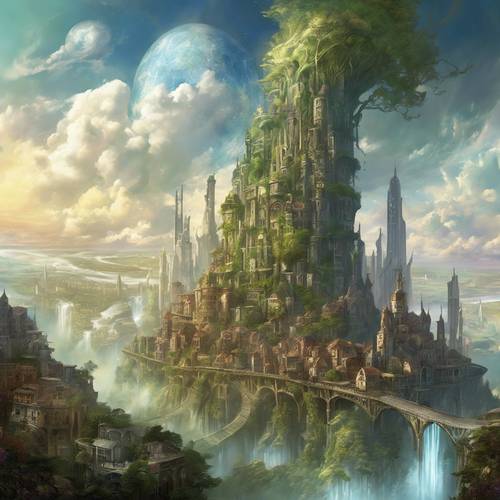 Una tentacolare città fantastica alla base di una gigantesca pianta di fagioli che si protende verso il cielo.
