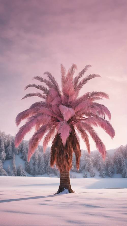 Karlı bir manzaranın ortasında büyük, ışıltılı pembe bir palmiye ağacı.