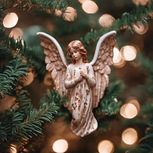 A ceramic angel painted in rose gold tones, nestled within green fir branches.