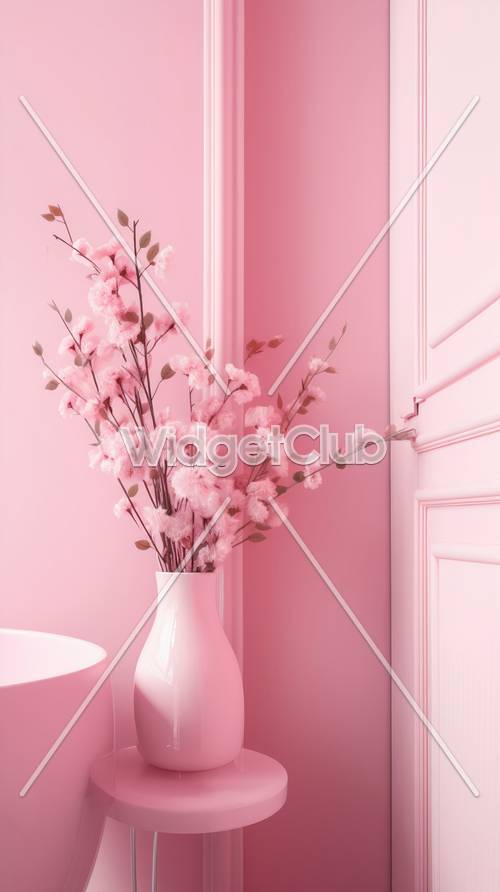 Quarto rosa com flores de cerejeira em um vaso