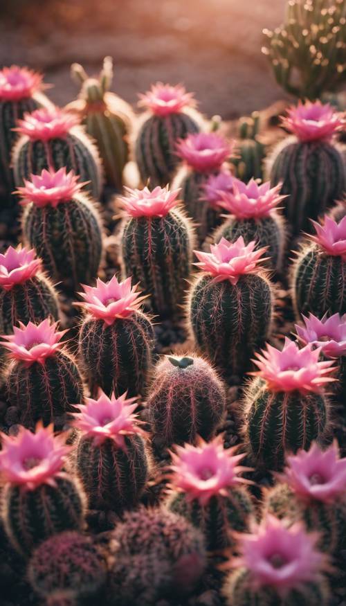 An array of small pink cacti in a garden during sunset.