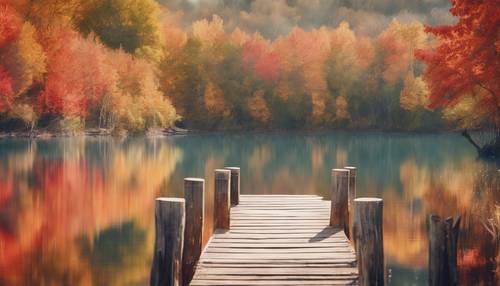 Watercolor painting of a wooden dock jutting out into a placid lake reflecting the fiery colors of fall.