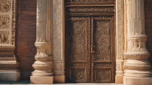 햇빛이 복잡한 그림자를 드리우는 고대 대성당의 아름답게 장식된 문입니다.