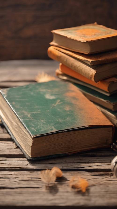 Ahşap bir masanın üzerinde duran, turuncu ve yeşil kapaklı eski, yıpranmış bir kitap.