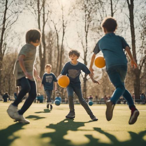 Un&#39;immagine minimalista di bambini che giocano a dodgeball in un parco in un soleggiato pomeriggio primaverile.