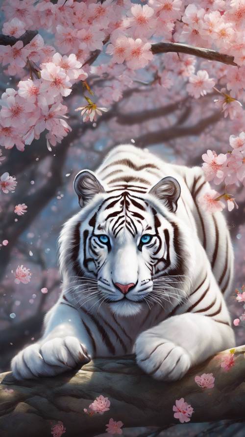 Uma pintura caprichosa de um tigre branco com listras brilhantes, sentado debaixo de uma cerejeira.
