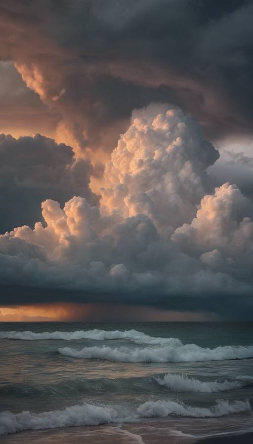 Lanskap dengan awan badai yang menjulang tinggi bergerak di atas laut yang tenang saat senja.