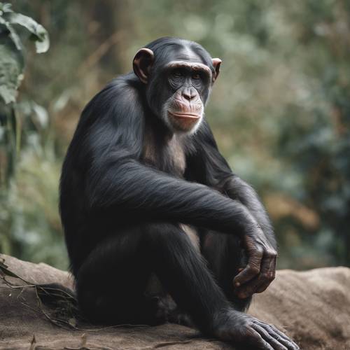 一只悲伤的黑猩猩独自坐着，远离群体，带着沉思的表情。