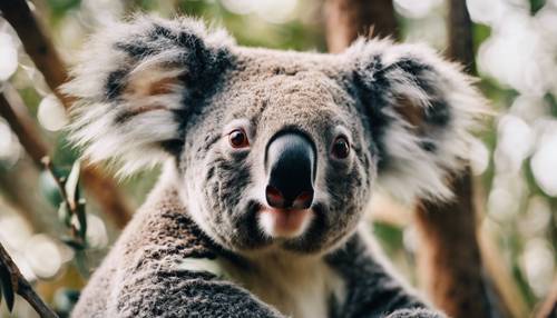 Портрет коалы крупным планом с любопытным выражением лица.