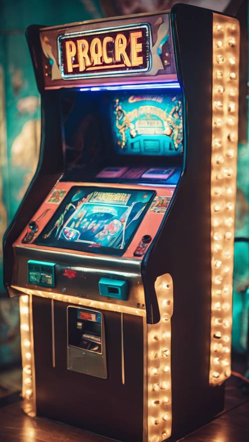 Penggambaran indah mesin permainan arcade antik dengan aksen pirus, terletak di ruangan remang-remang yang dipenuhi nostalgia.
