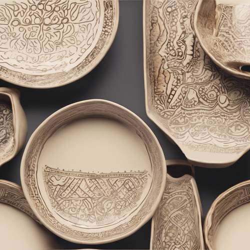 Handmade cream pottery with beautiful etched patterns Tapeta [112f76e1f0bb40cb9c33]