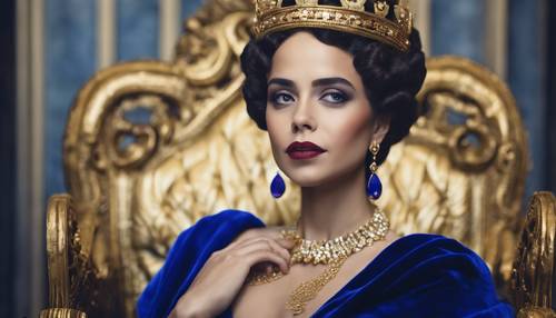 Potret seorang ratu agung yang mengenakan gaun beludru biru royal yang mencolok dan dihiasi mahkota emas.