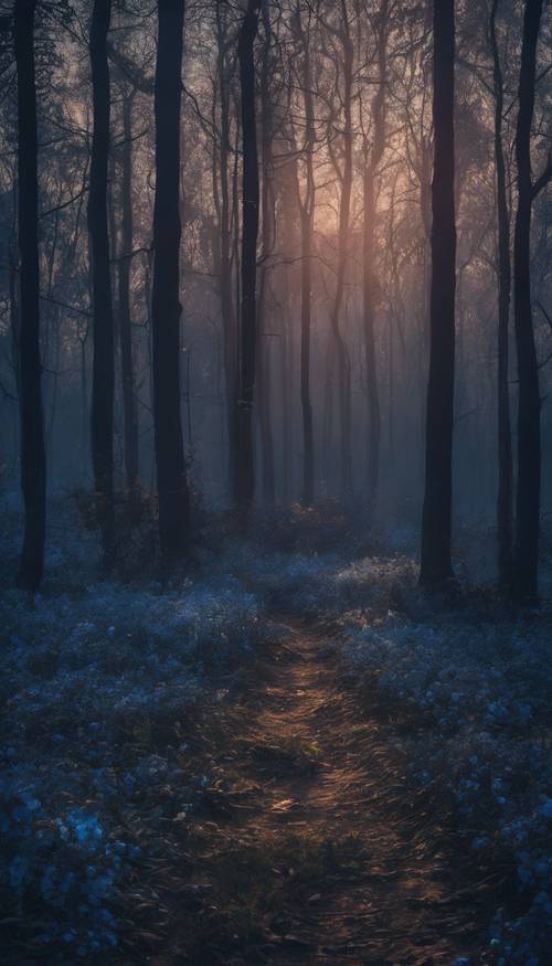 Uma floresta azul escura sombria durante o crepúsculo.