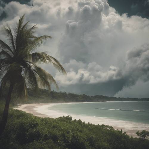 A dramatic vintage image of a tropical storm approaching an island