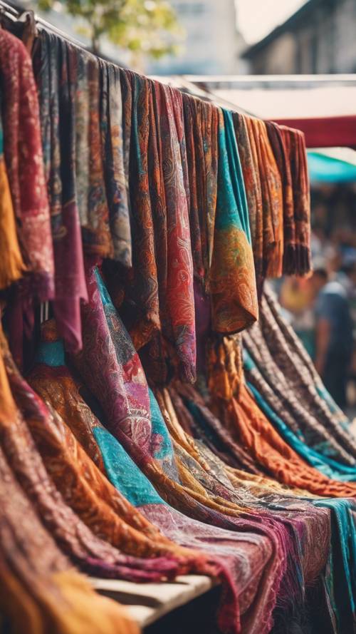 露天市場，攤位上陳列著一系列色彩繽紛的手工編織佩斯利圍巾，在微風的午後飄揚。