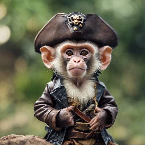 Um macaco-prego fantasiado de pirata, brincando com um minúsculo chapéu tricórnio de couro.