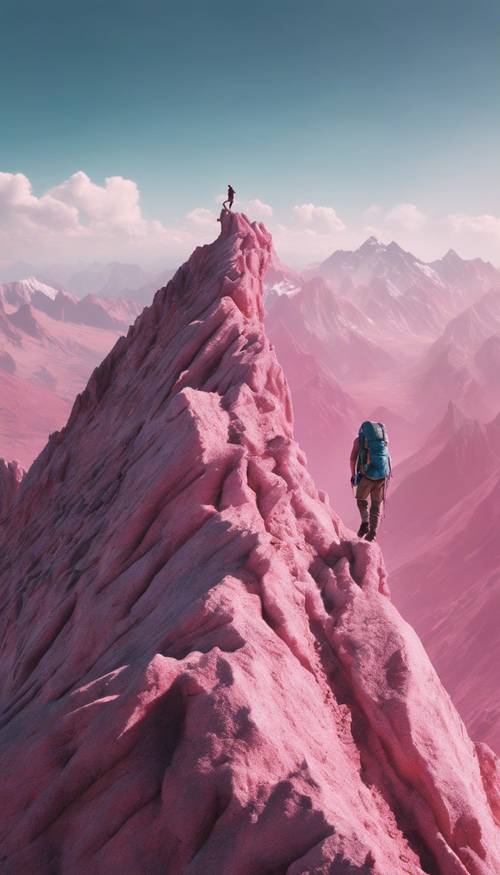 Turysta docierający na szczyt postrzępionej różowej góry na tle lazurowego nieba.