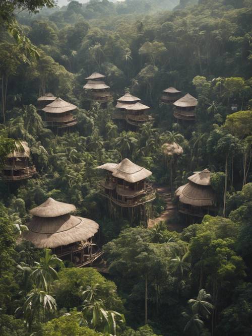 Скрытая деревня племени тропических лесов, расположенная среди огромных крон деревьев.