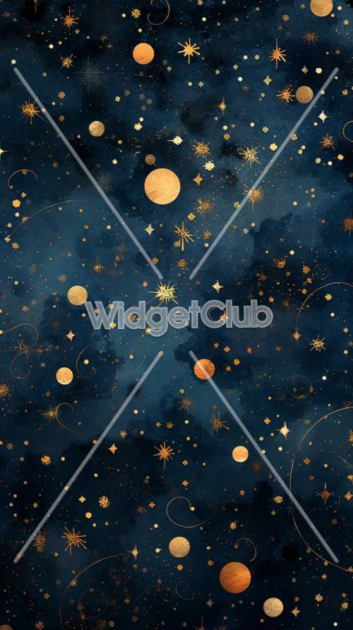 Starry Night Sky with Golden Planets and Stars