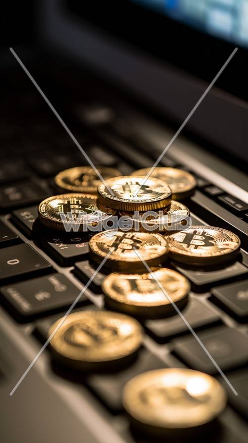 عملات البيتكوين الذهبية على لوحة المفاتيح