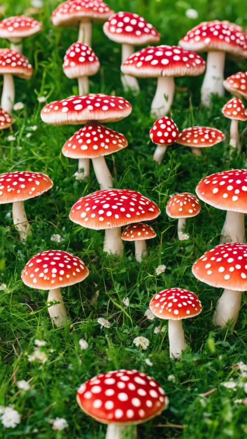 Um campo vibrante de cogumelos cogumelo venenoso com manchas vermelhas e brancas em meio a uma grama verdejante.