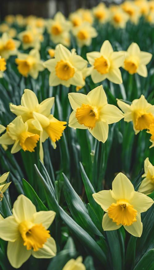 Bright yellow cheerful daffodils, preppy in style, shown popped up through a carpet of fresh green leaves. Tapet [54d58a84ff5c4063b6d4]