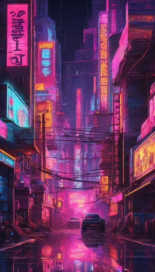 Un grande paesaggio urbano di notte illuminato da insegne al neon che riflettono il tema del cyberpunk.