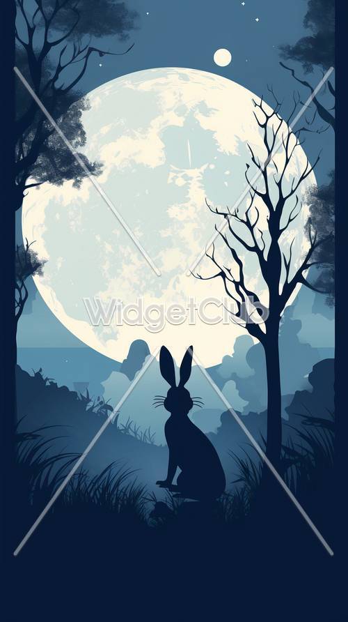 ウサギのシルエットが描く月明かりの森の冒険