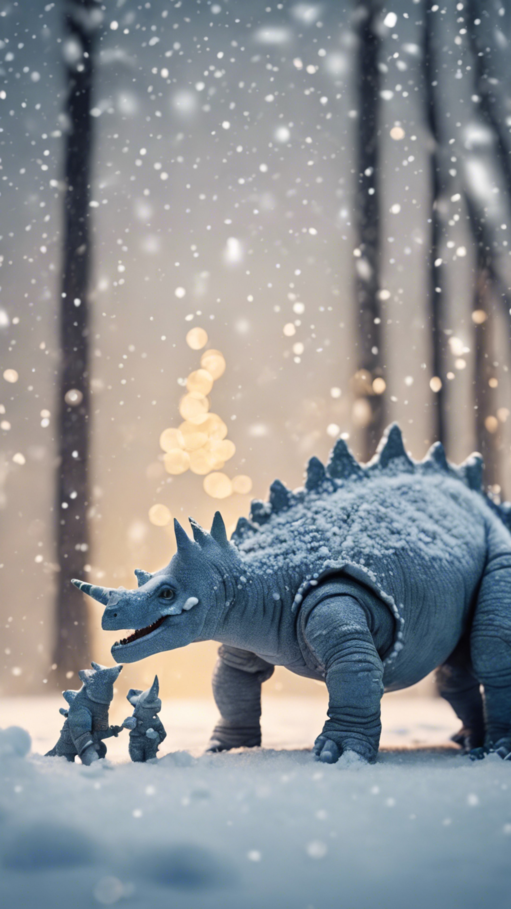 A family of Pachyrhinosaurus making snow dinosaurs in a winter wonderland. Wallpaper[959d968d50614e28908d]