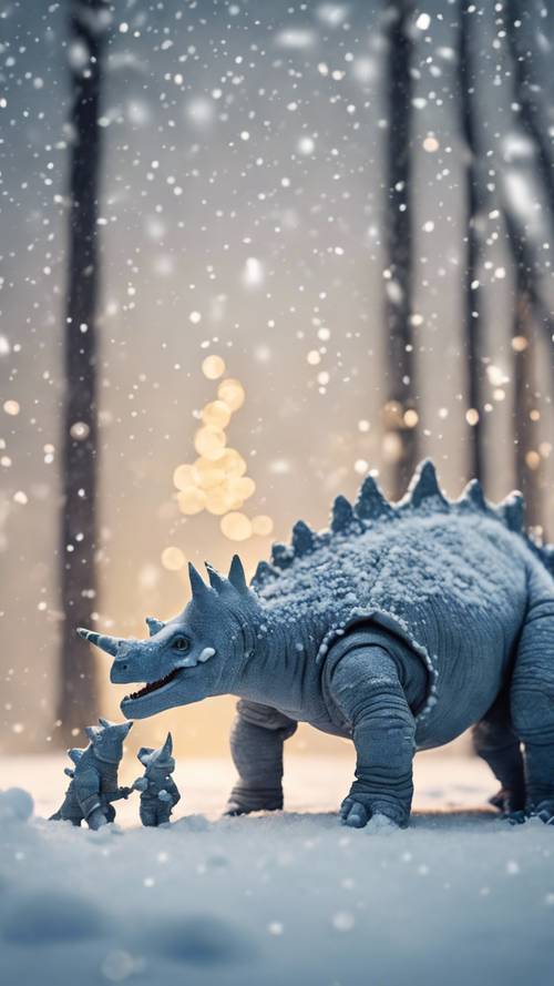 Une famille de Pachyrhinosaurus fabriquant des dinosaures des neiges dans un pays des merveilles hivernal.