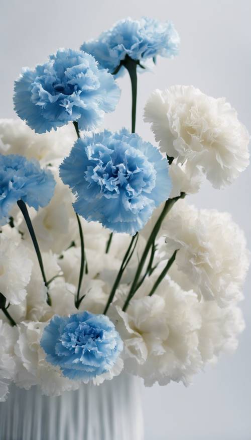 A bouquet of blue carnations against a white background.