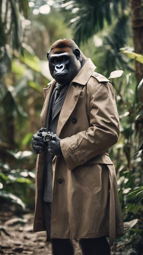 ジャングルのゴリラ探偵が軽やかなトレンチコートを着て事件を解決する姿