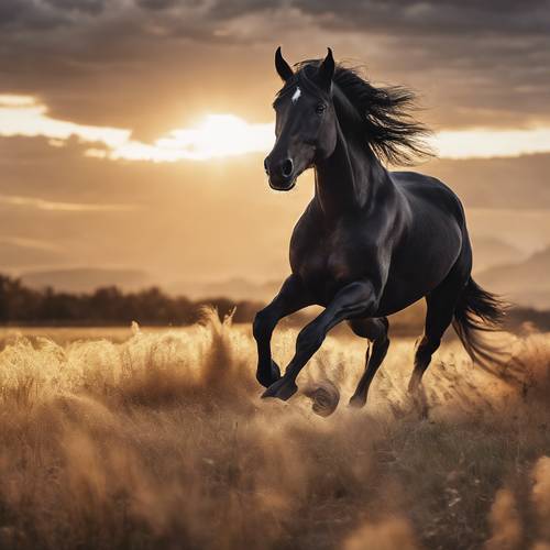 一匹金色鬃毛的黑馬在夕陽下馳騁。