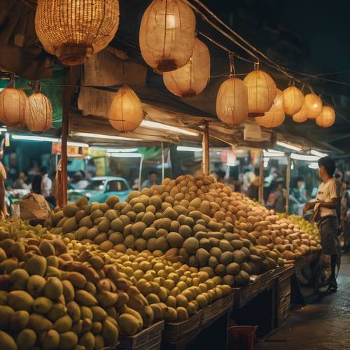 Uma cena noturna com um mercado de frutas tropicais ao ar livre iluminado pela luz de uma lanterna, exibindo pilhas de durião, pomelo e longan.