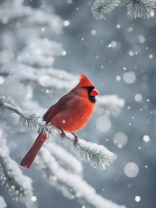 Une scène hivernale paisible d’une forêt de pins givrée, avec un cardinal rouge solitaire perché sur une branche chargée de neige.