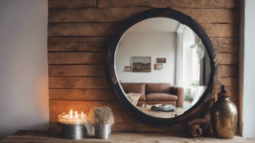 A perfectly round mirror hanging above a cozy fireplace in a rustic living room.