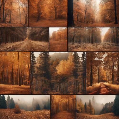 Multiple selected images of brown autumn forests combined into a mesmerizing collage. Ταπετσαρία [09d120f730fb4945b73d]