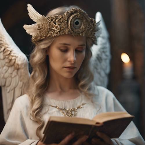 一位年長的天使，有著充滿智慧的眼睛，正在閱讀一本神聖的書。