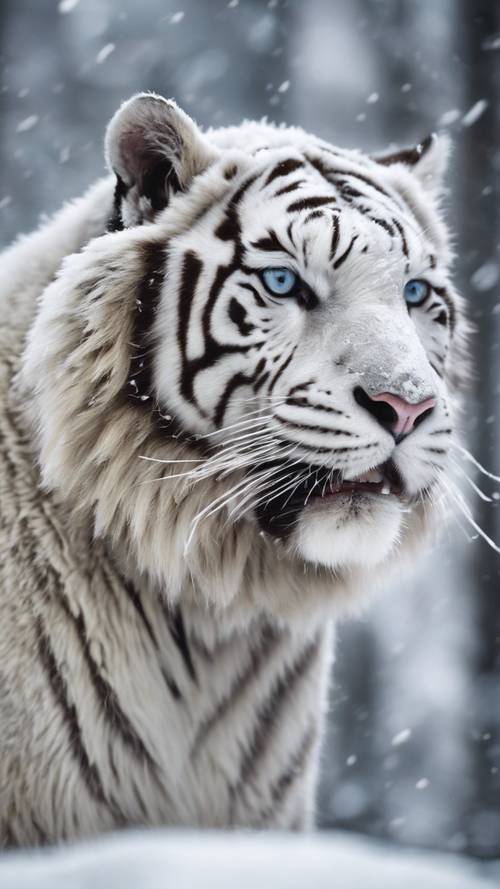 An artistic representation of a roaring Arctic white tiger in a snow-covered forest.