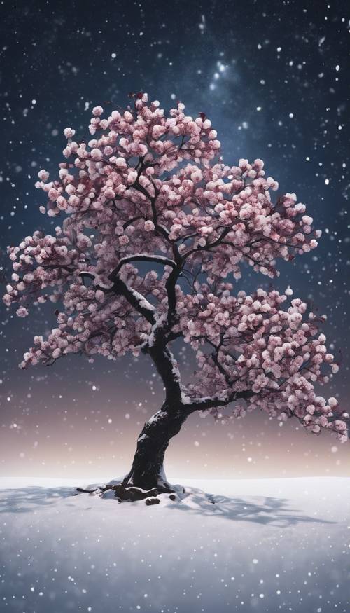 شجرة واحدة من أزهار الكرز الداكن معزولة في حقل ثلجي أبيض تحت السماء المرصعة بالنجوم.