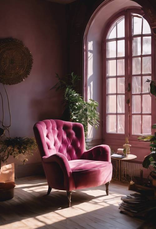 햇빛이 비치는 독서 공간에 빈 짙은 분홍색 벨벳 의자가 놓여 있습니다.