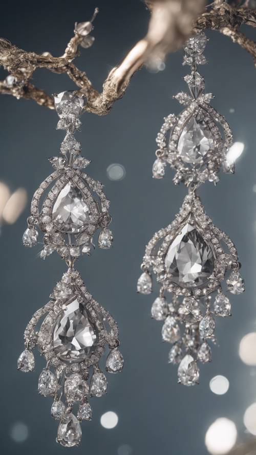 A pair of gray diamond chandelier earrings sparkling in the light.