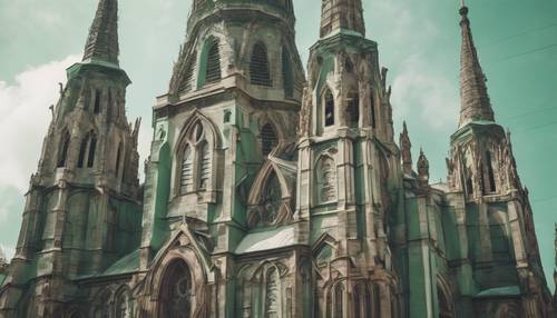 一座宏伟的教堂，高耸的尖顶直冲云霄，外部沐浴在灰绿色的色调中。