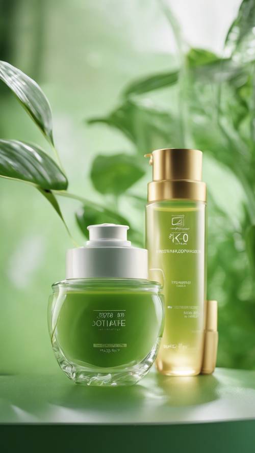 Gambar produk perawatan kulit yang terbuat dari bahan-bahan alami dan organik dalam wadah berwarna hijau.