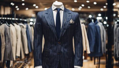 Un blazer rayé bleu marine de bon goût sur un mannequin dans un magasin de vêtements pour hommes haut de gamme.