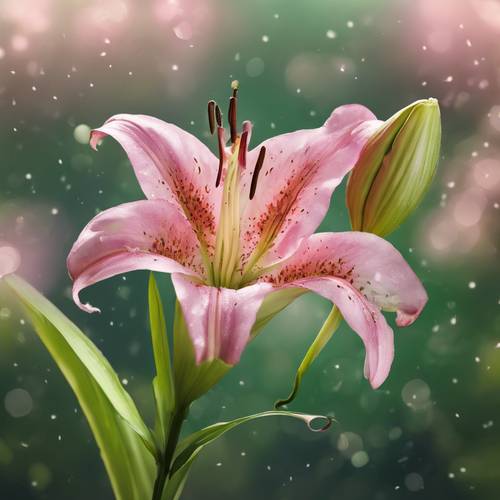 A pink lily in bloom, set against an artistically blurred green background. Tapeta [85a2a98066144a90a4ca]