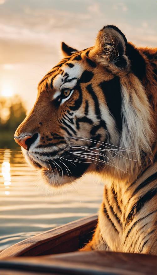 Sebuah gambar seekor harimau yang gagah dalam rombongan perahu, sedang memandangi danau yang tenang saat matahari terbenam.