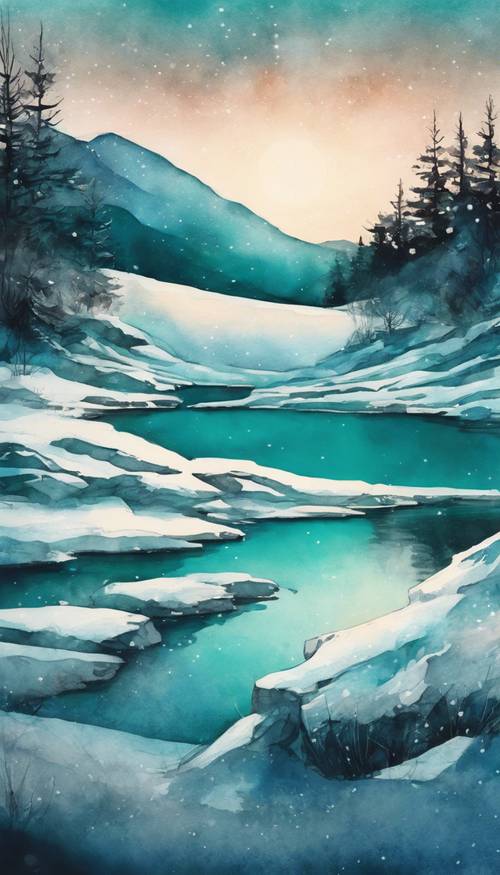 Màu nước xanh mòng két thể hiện phong cảnh núi non mùa đông lúc chạng vạng