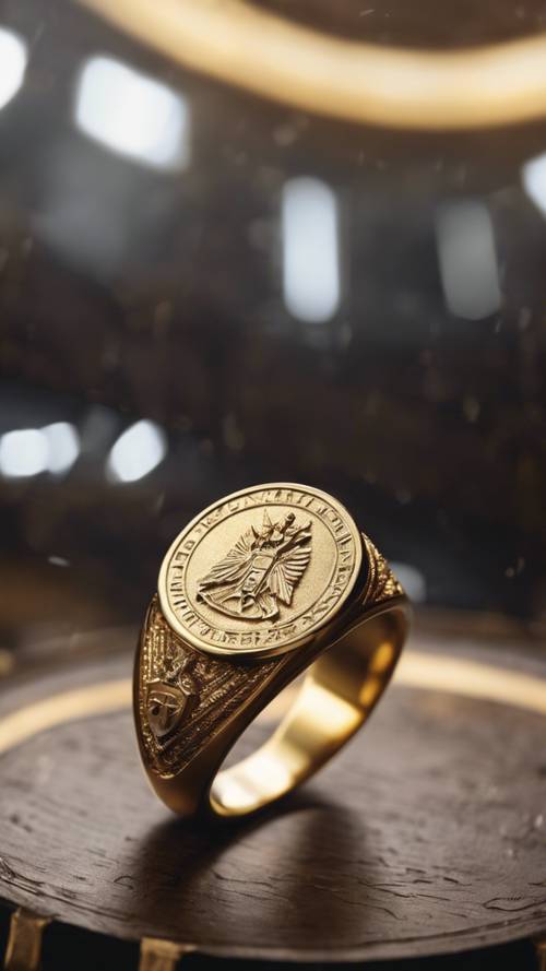 Cincin meterai mafia emas berkilauan dengan lambang yang melambangkan kekuatan.