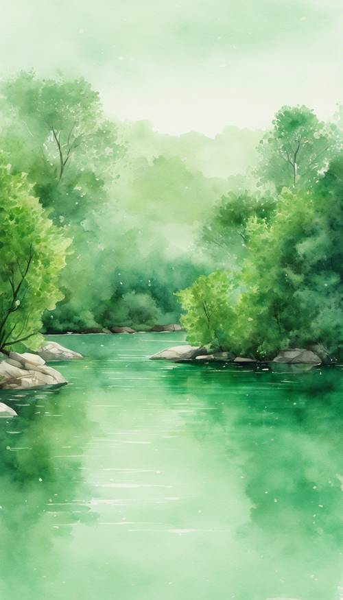 一幅宁静的翠绿色水彩画，描绘了一条平静的河流。